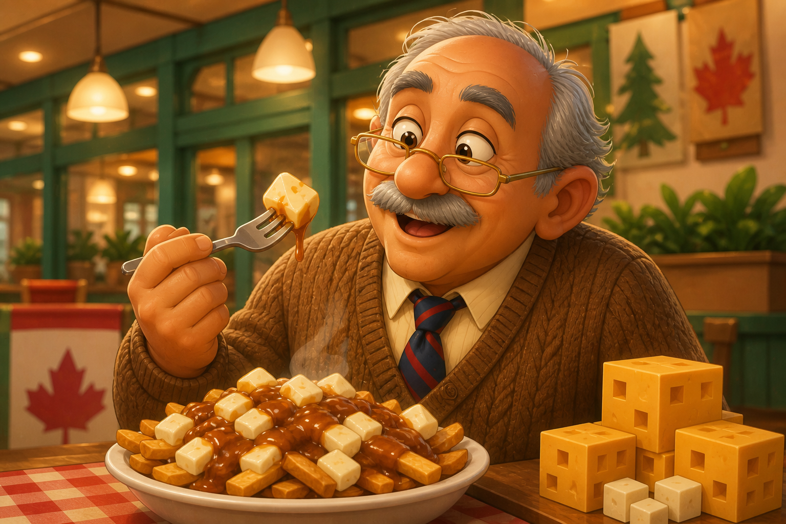 A joyful 3D Kamran discovering poutine beside voxel cheese