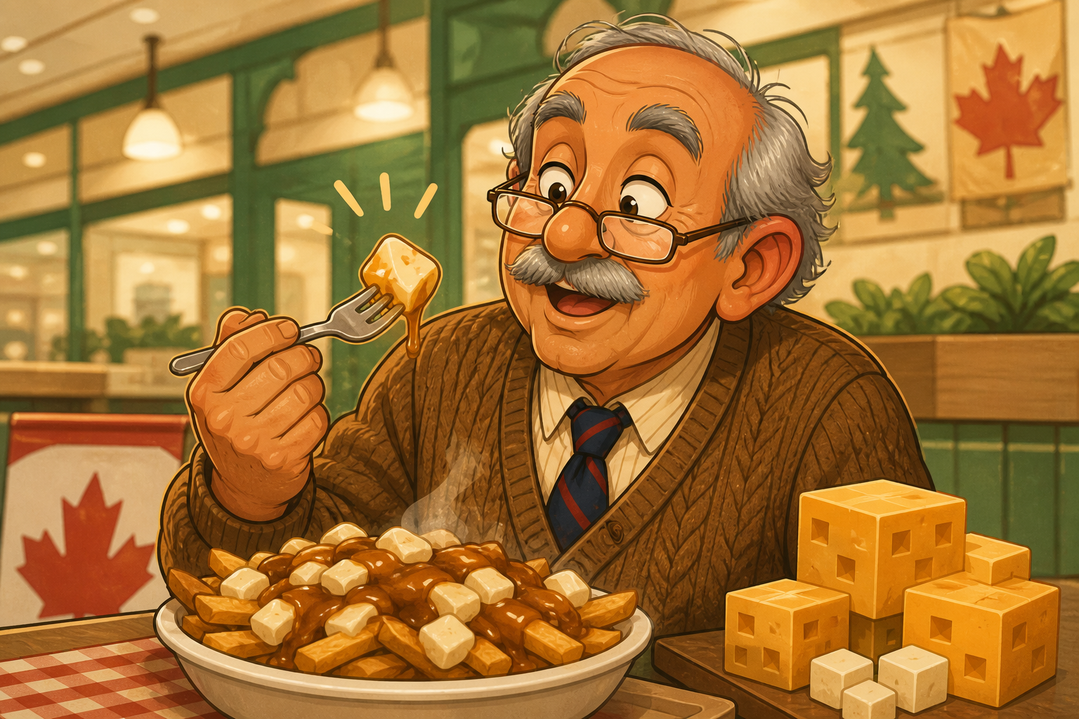 Kamran happily discovering poutine beside voxel cheese